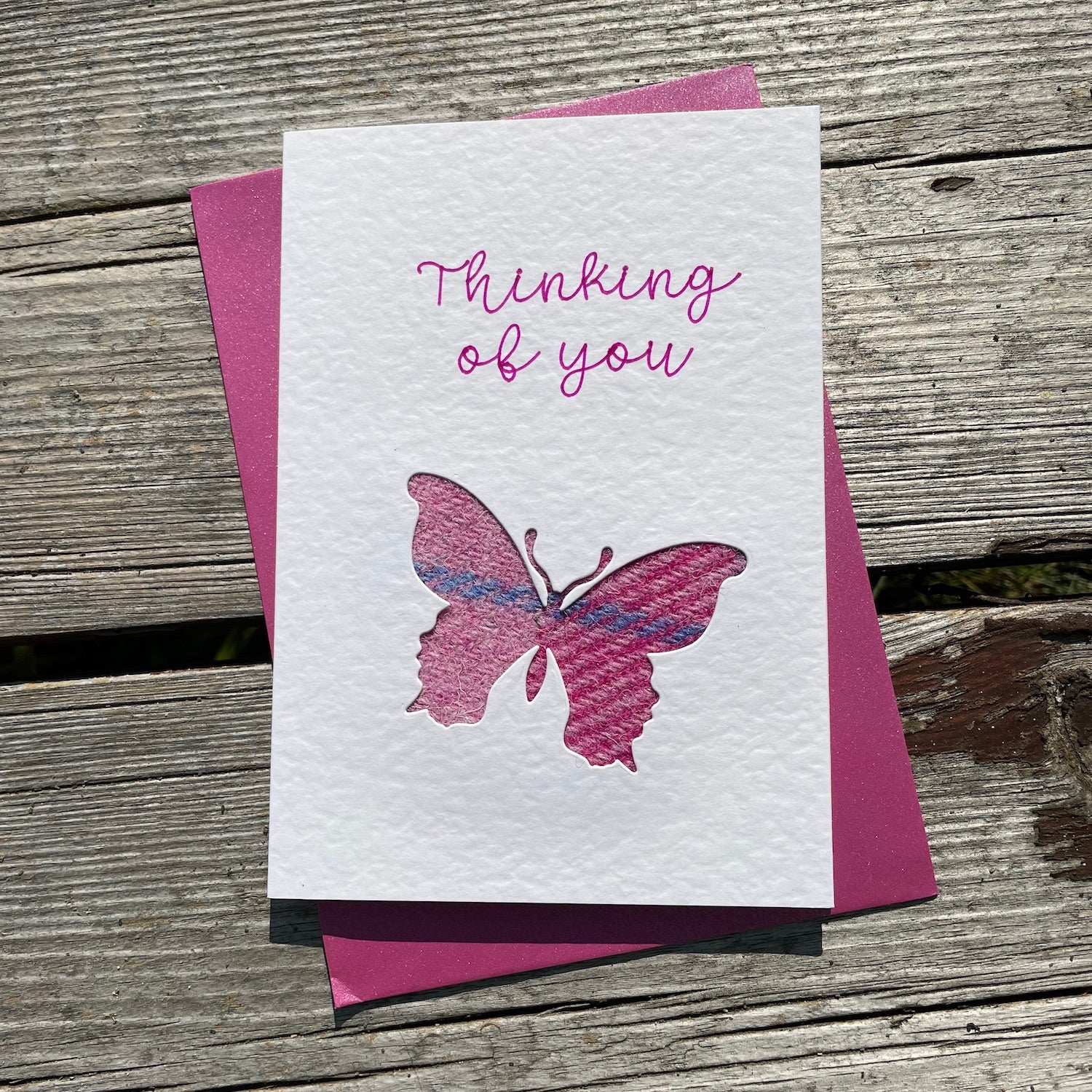 Handmade Scottish Greeting Card featuring Harris Tweed® Butterfly Thinking of you