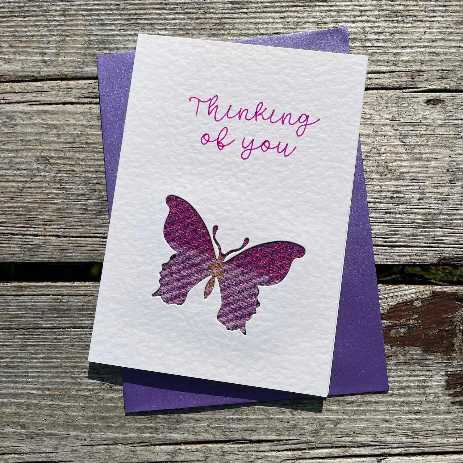 Handmade Scottish Greeting Card featuring Harris Tweed® Butterfly Thinking of you