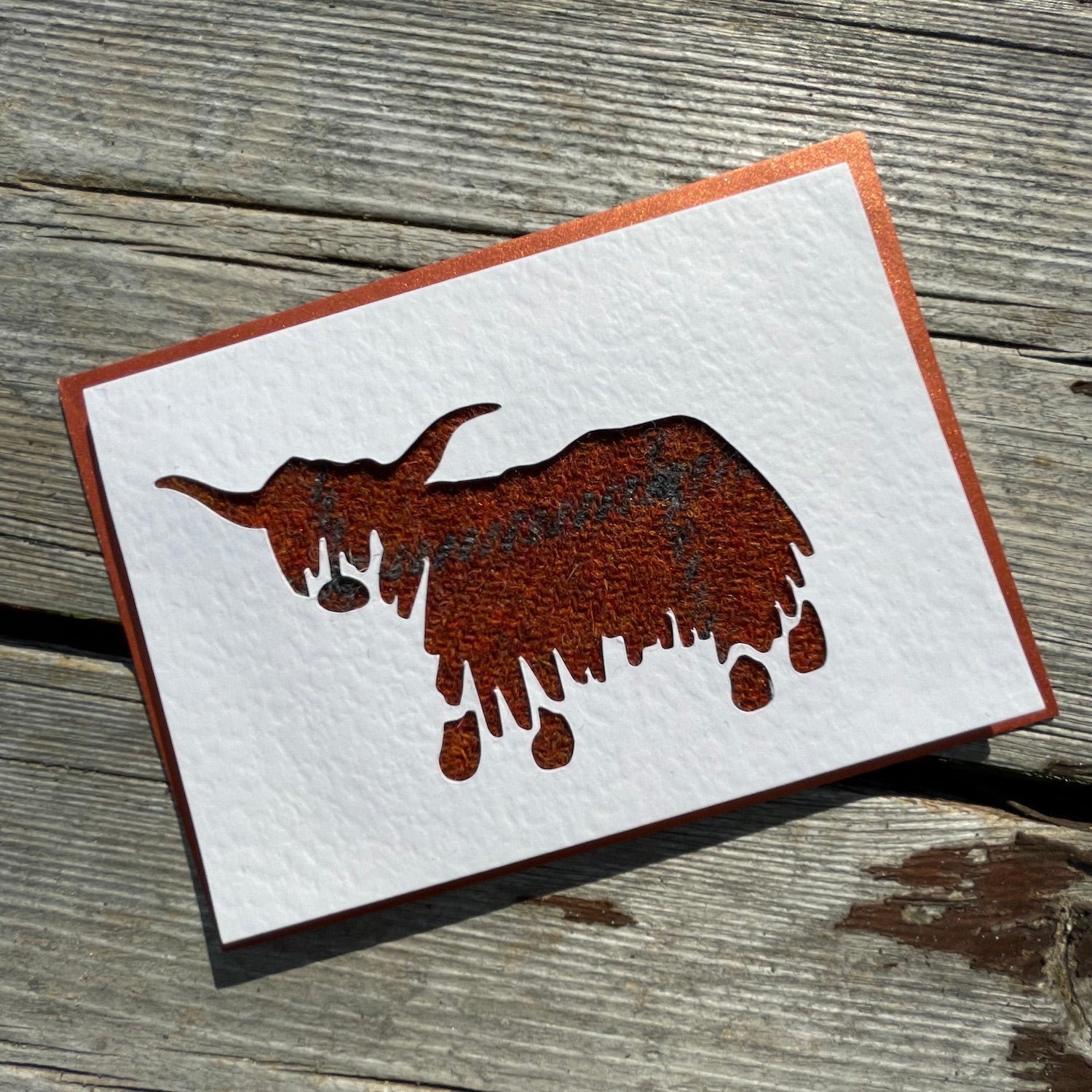 Handmade Scottish Greeting Card featuring Harris Tweed® Highland Cow