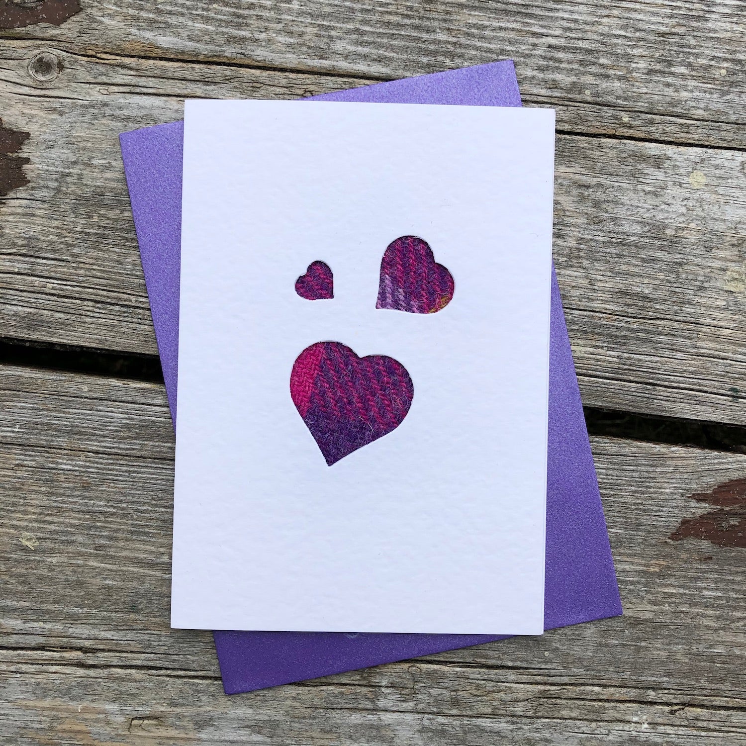 Handmade Scottish Greeting Card featuring Harris Tweed® Family of Hearts