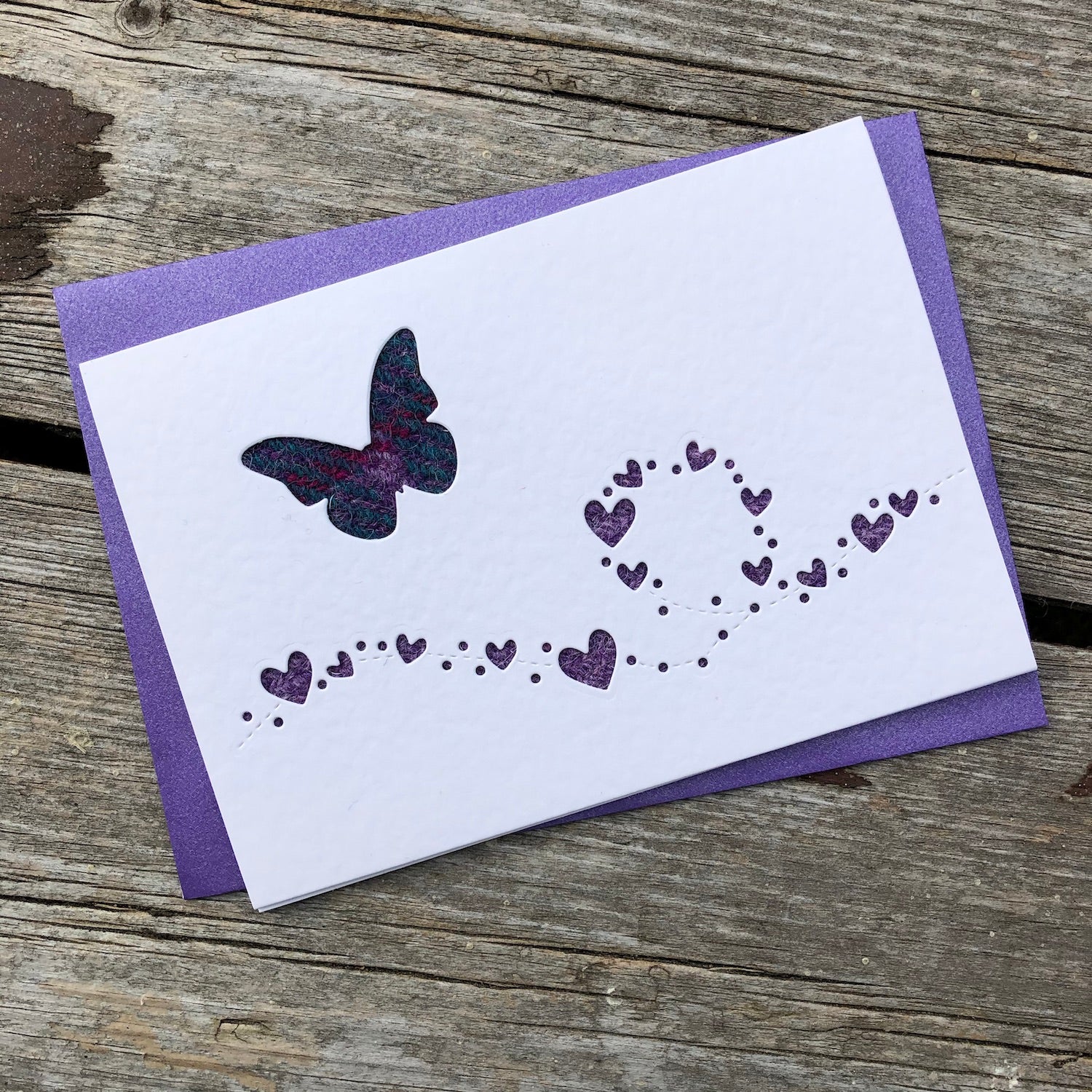 Handmade Scottish Greeting Card featuring Harris Tweed® Swirling Hearts Butterfly